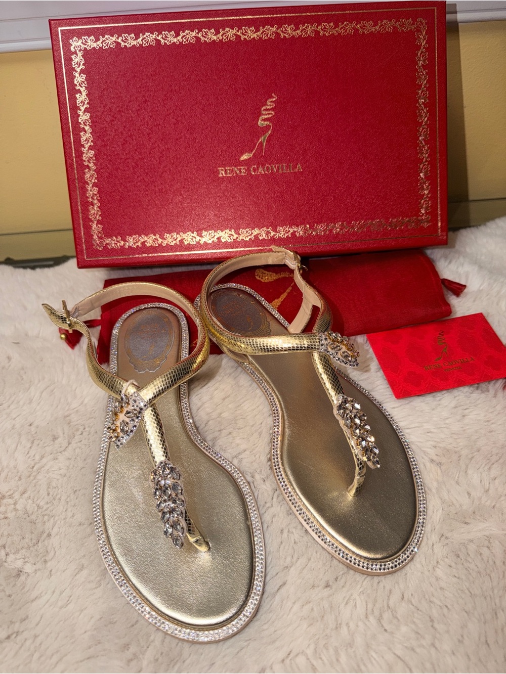 New Authentic Rene Caovilla Gold Crystal Embellished T-Strap Sandals